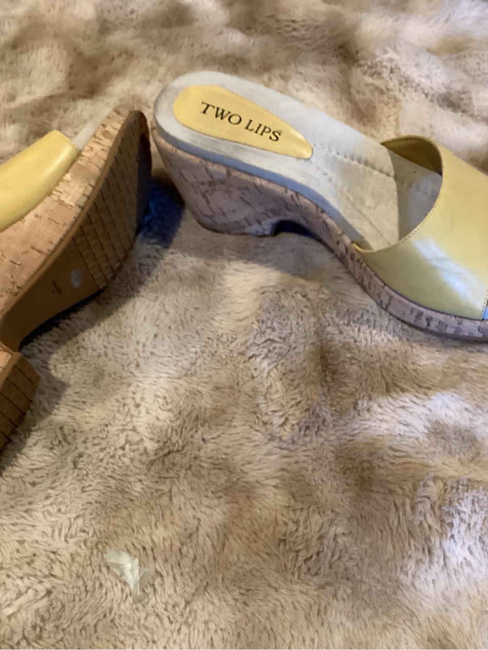 Two Lips Lemon Yellow Cork Wedge Slide Mules